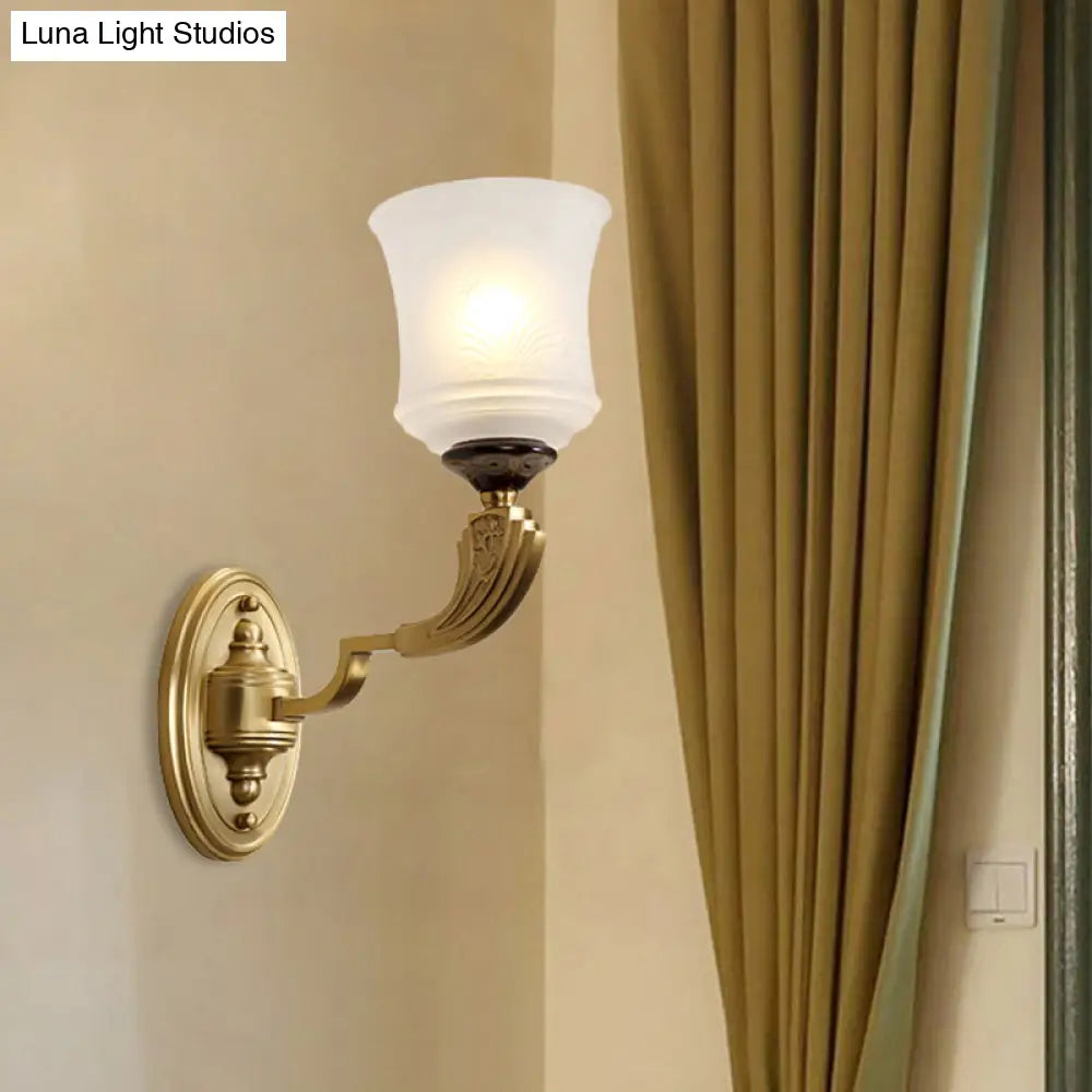 Lodge Style Bell Wall Sconce: 1/2-Light Opal Glass Fixture In Brass For Living Room