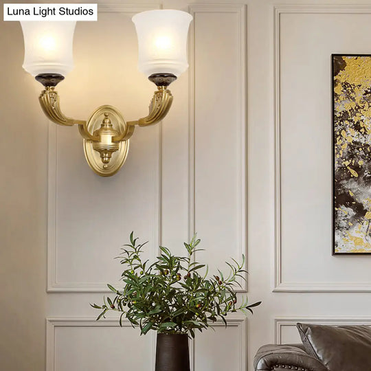 Lodge Style Bell Wall Sconce: 1/2-Light Opal Glass Fixture In Brass For Living Room