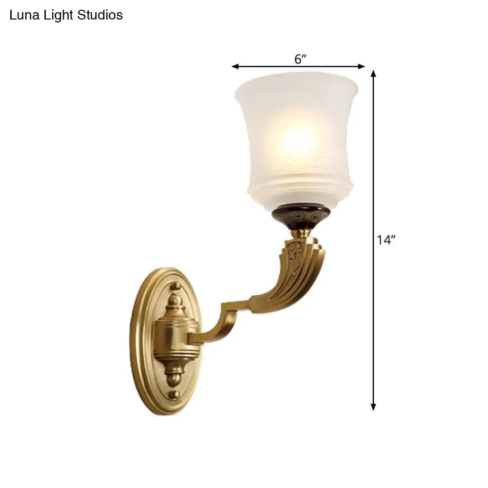 Lodge Style Bell Wall Sconce: 1/2-Light Opal Glass Fixture In Brass For Living Room