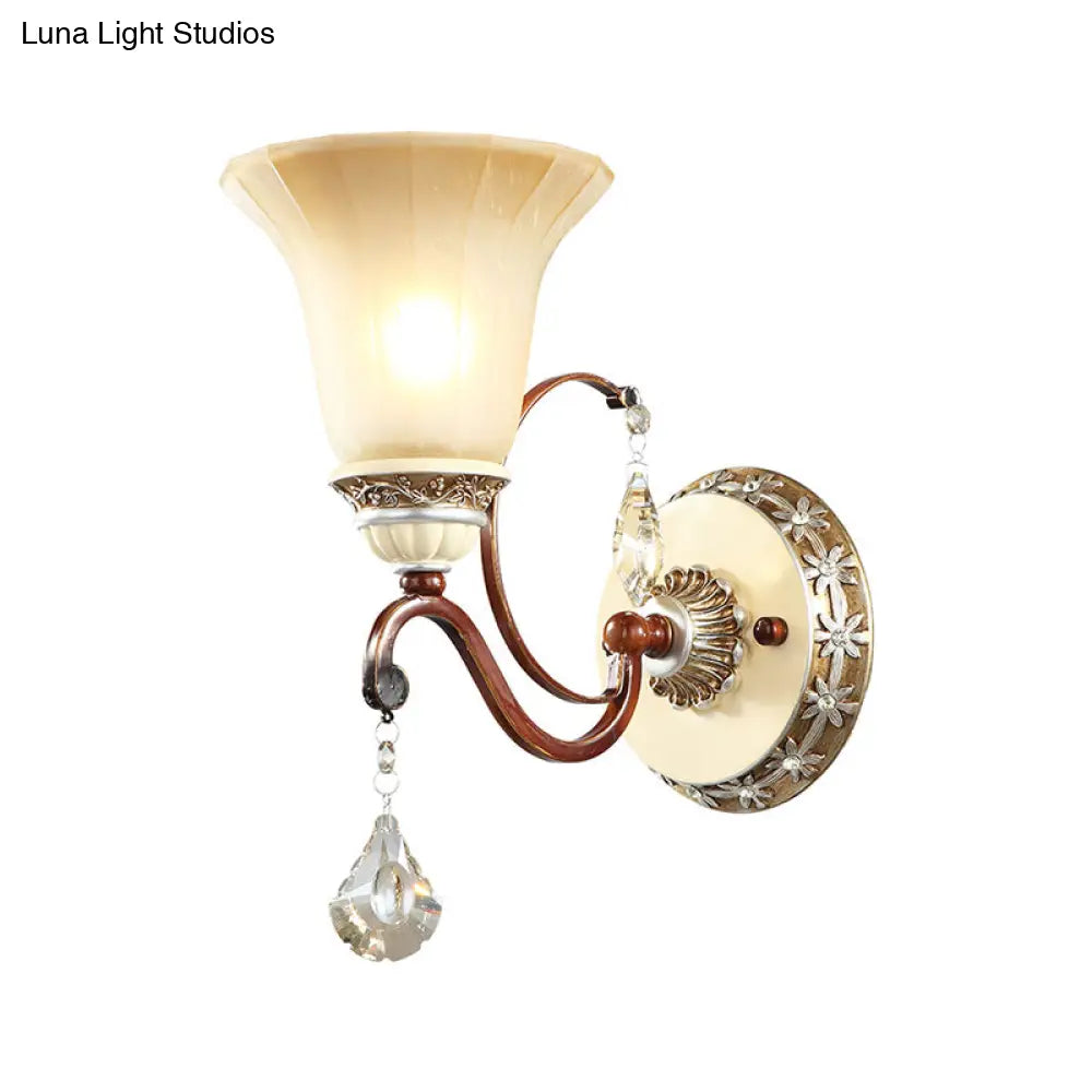 Lodge Style Bell Wall Sconce With Frosted Glass White Finish And Crystal Drops Perfect For Corridors