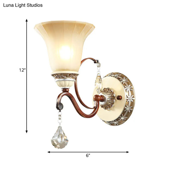 Lodge Style Bell Wall Sconce With Frosted Glass White Finish And Crystal Drops Perfect For Corridors