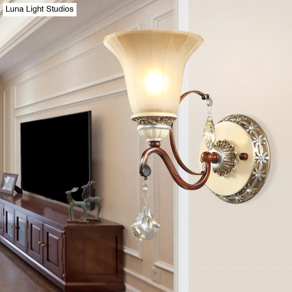 Lodge Style Bell Wall Sconce With Frosted Glass White Finish And Crystal Drops Perfect For Corridors