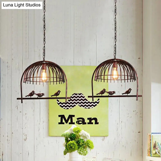 Lodge Style Hanging Birdcage Pendant Light Fixture With Iron Dome Shade - Rust/Black