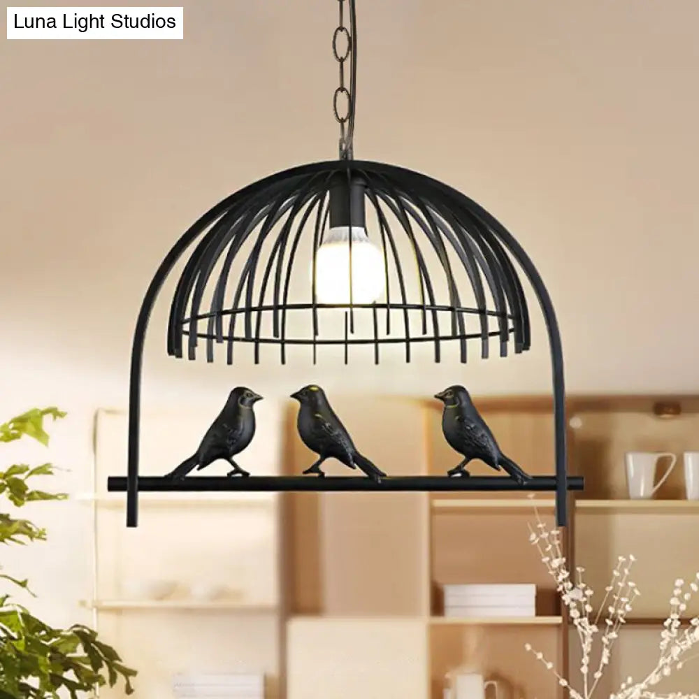 Lodge Style Hanging Birdcage Pendant Light Fixture With Iron Dome Shade - Rust/Black