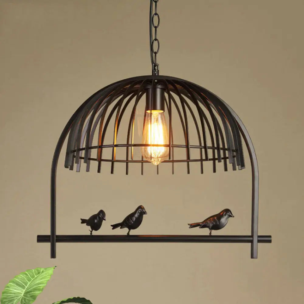 Lodge Style Birdcage Hanging Light Fixture - Iron Pendant With Dome Shade In Rust/Black Black