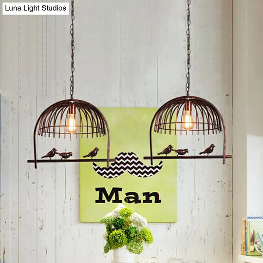 Lodge Style Birdcage Hanging Light Fixture - Iron Pendant With Dome Shade In Rust/Black