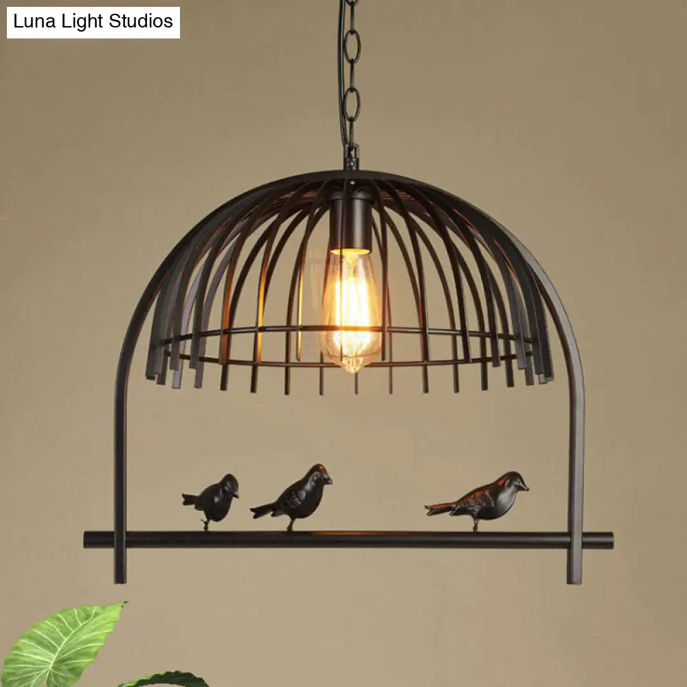 Lodge Style Hanging Birdcage Pendant Light Fixture With Iron Dome Shade - Rust/Black Black
