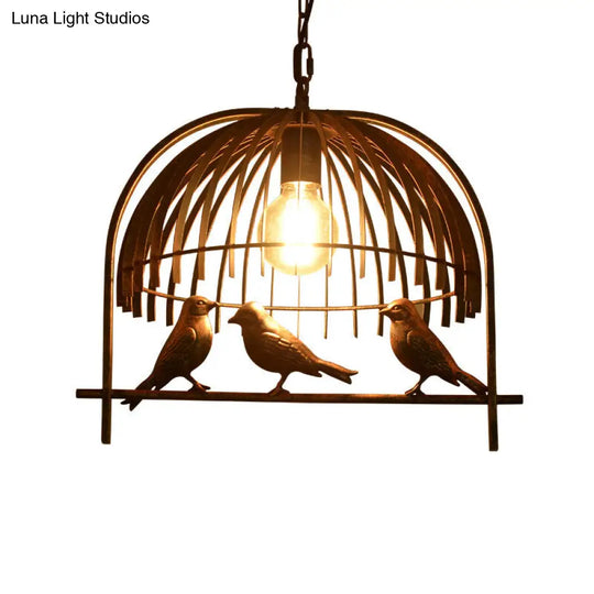 Lodge Style Hanging Birdcage Pendant Light Fixture With Iron Dome Shade - Rust/Black