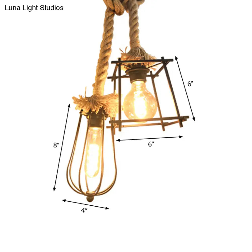 Lodge Style Black Caged Ceiling Fixture With Metal And Rope Hangings - 2 Lights Unique Shade For