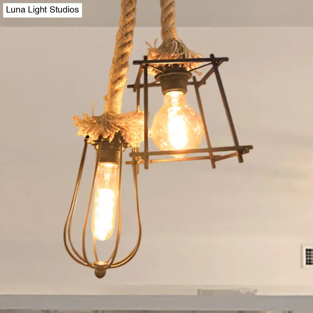 Lodge Style Black Caged Ceiling Fixture: 2-Light Metal And Rope Hanging Lighting With Unique Shade