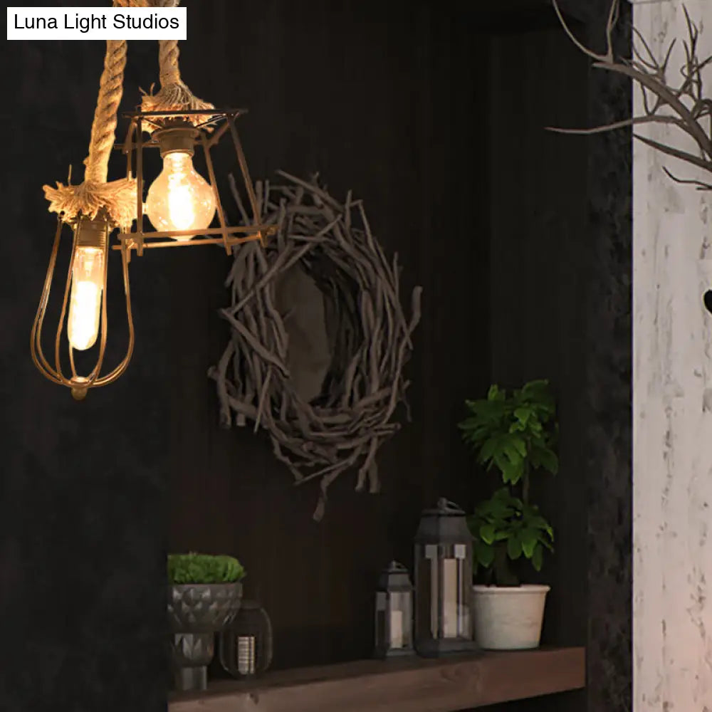 Lodge Style Black Caged Ceiling Fixture: 2-Light Metal And Rope Hanging Lighting With Unique Shade