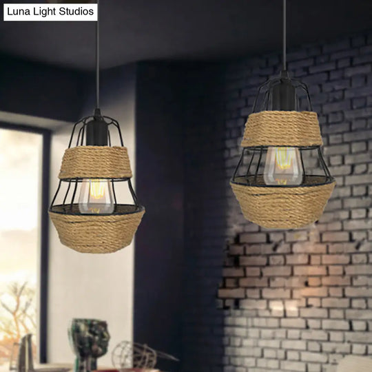 Lodge Style Black Wire Guard Pendant Light With Metal And Rope Suspension - Ideal For Living Room