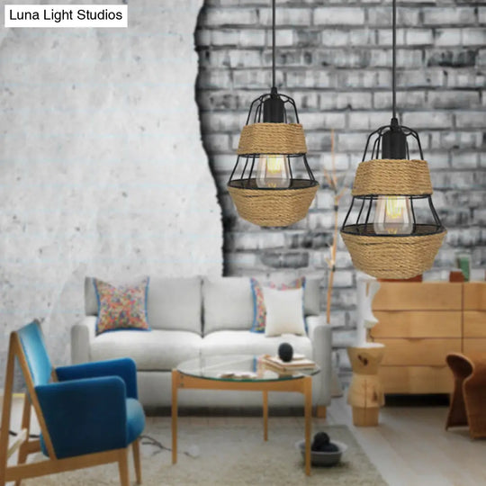 Lodge Style Black Wire Guard Pendant Light With Metal And Rope Suspension - Ideal For Living Room
