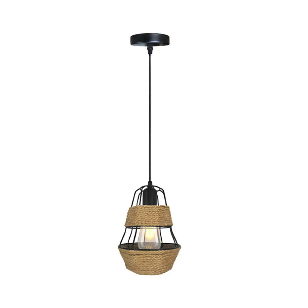 Lodge Style Black Wire Guard Pendant Light With Metal And Rope Suspension - Ideal For Living Room