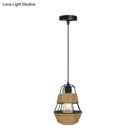 Lodge Style Black Wire Guard Pendant Ceiling Light - Metal And Rope Ideal For Living Room