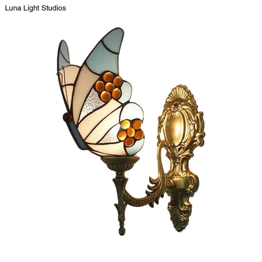 Lodge-Style Blue Butterfly Wall Sconce: Stained Glass Kitchen Lighting