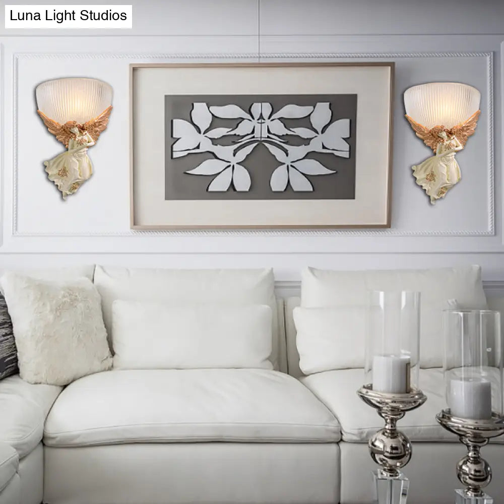 Lodge Style Bowl Frosted Glass Wall Sconce - 10/12 W 1 Bulb Gold/White Angel Design Left/Right