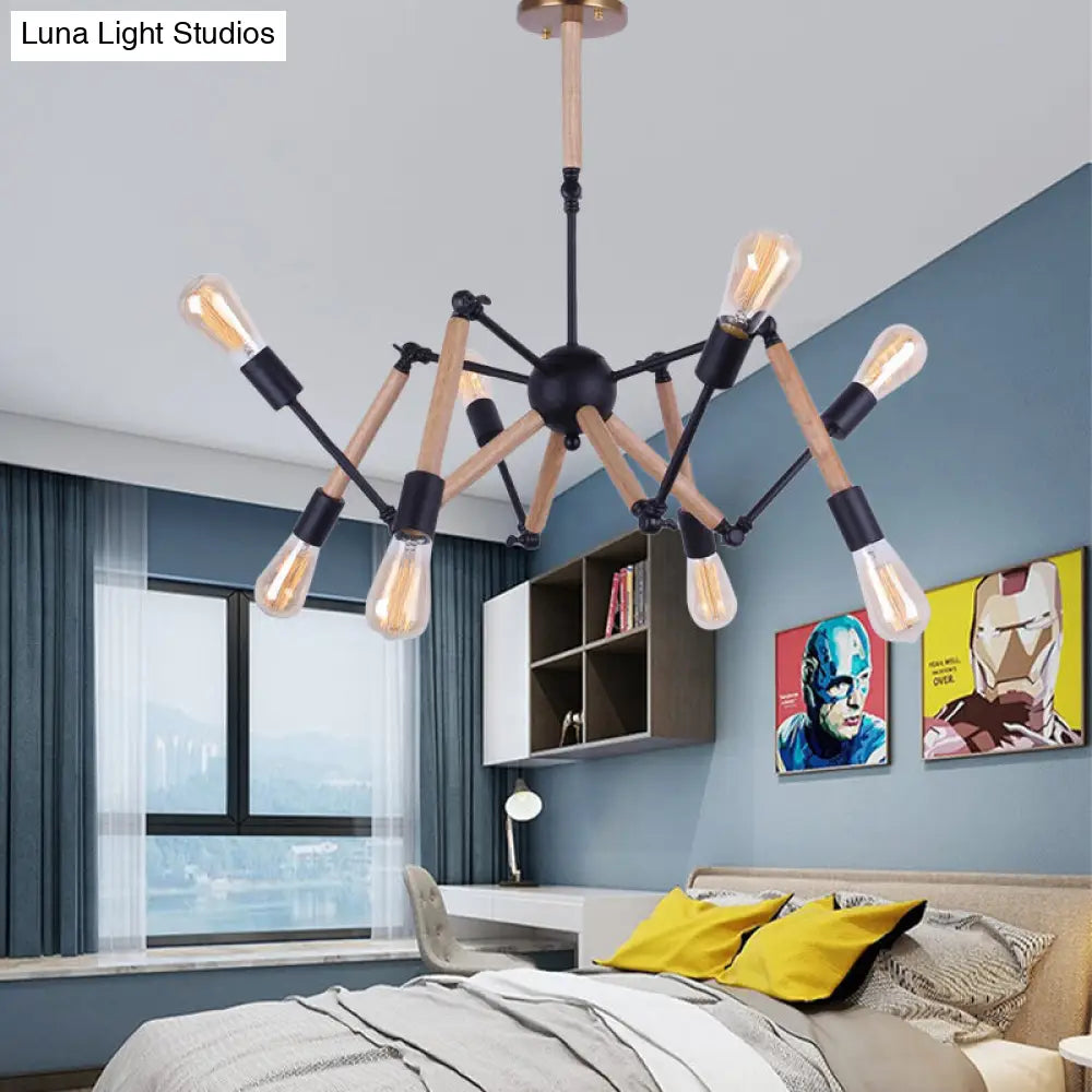 Lodge Style Open Bulb Chandelier: Adjustable 6/8-Head Wood And Metal Ceiling Light Fixture 8 /