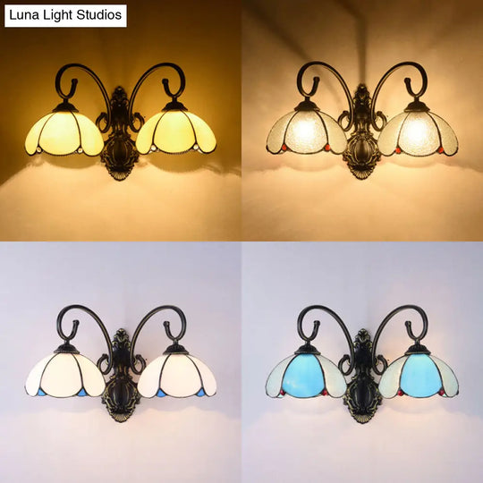 Lodge Style Floral Wall Lamp - Stained Glass & Metal 2-Head Bedroom Light (White/Clear/Blue/Beige)