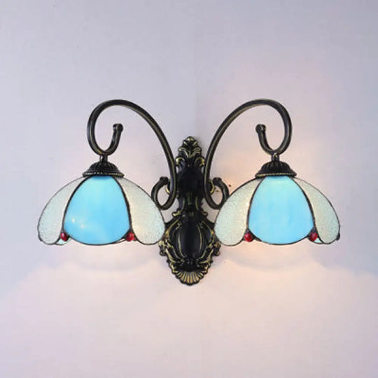 Lodge Style Floral Wall Lamp - Stained Glass & Metal 2-Head Bedroom Light (White/Clear/Blue/Beige)