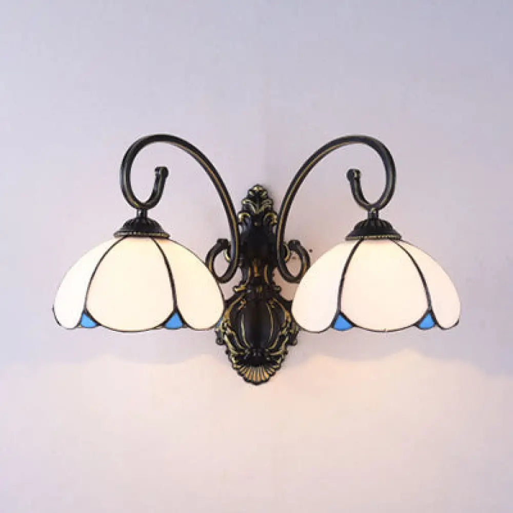 Lodge Style Floral Wall Lamp - Stained Glass & Metal 2-Head Bedroom Light (White/Clear/Blue/Beige)