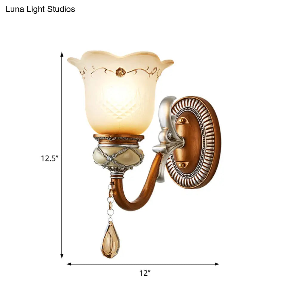 Lodge Style Flower Wall Lamp With Frosted Glass Teardrop Crystal Deco And Metal Arm In Gold -