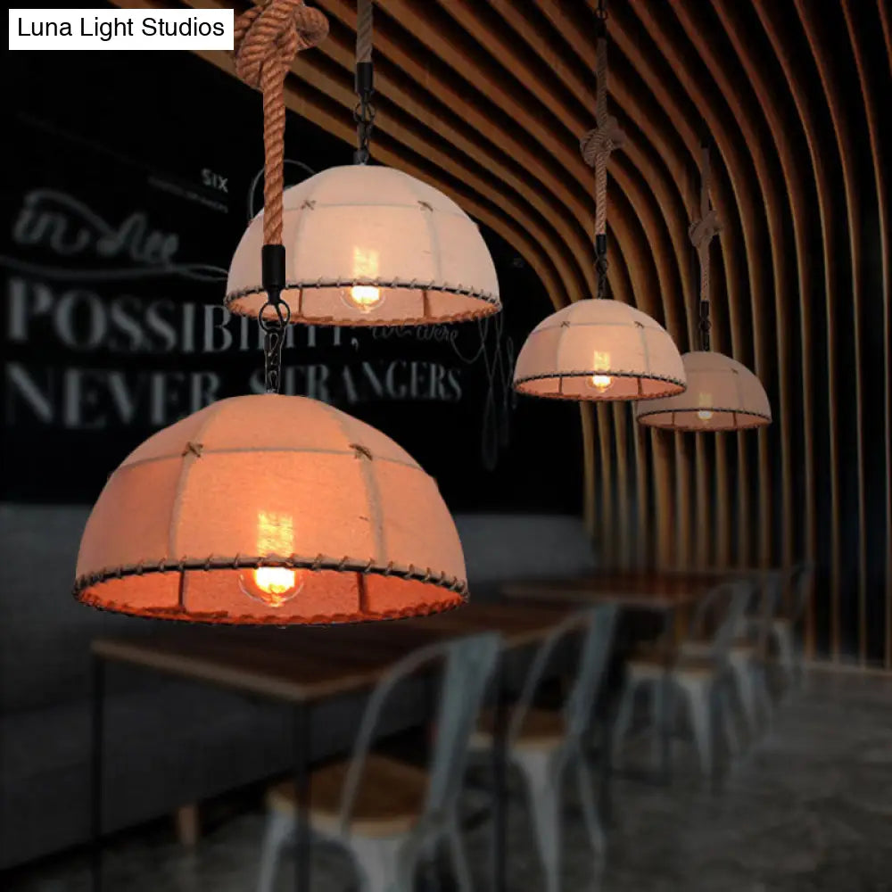 Lodge Style Hanging Fabric And Rope Pendant Light - 14’/18’ Dome Shade In Beige For Restaurants