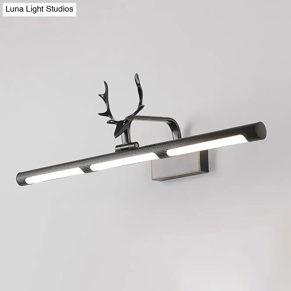 Lodge Style Led Metal Wall Lamp With Antler Accent - 17/25 W Black Finish Ideal For Bathroom Vanity