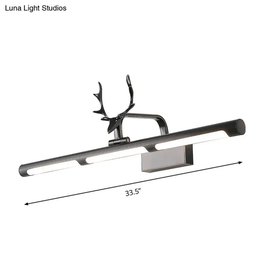 Lodge Style Led Metal Wall Lamp With Antler Accent - 17/25 W Black Finish Ideal For Bathroom Vanity