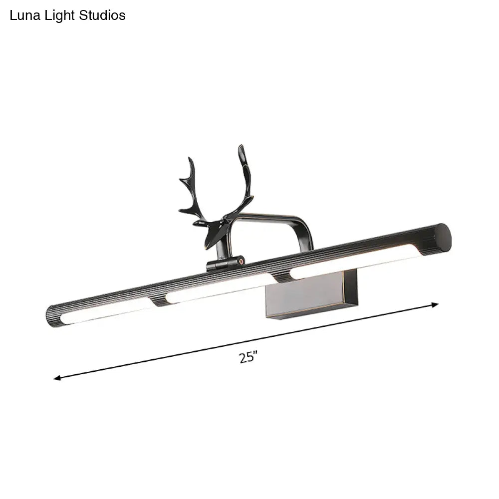 Lodge Style Led Metal Wall Lamp With Antler Accent - 17/25 W Black Finish Ideal For Bathroom Vanity