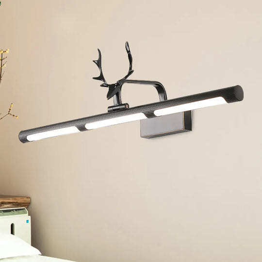 Lodge Style Led Metal Wall Lamp With Antler Accent - 17/25 W Black Finish Ideal For Bathroom Vanity