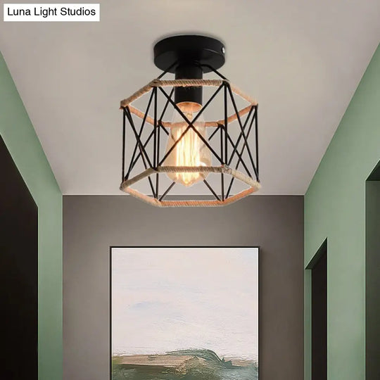 Lodge Style Metal And Rope Semi Flush Mount Ceiling Light With Black Finish - Ideal For Hallway