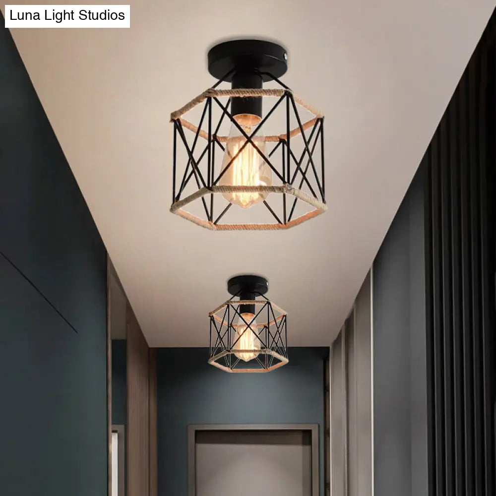 Lodge Style Metal And Rope Semi Flush Mount Ceiling Light With Black Finish - Ideal For Hallway