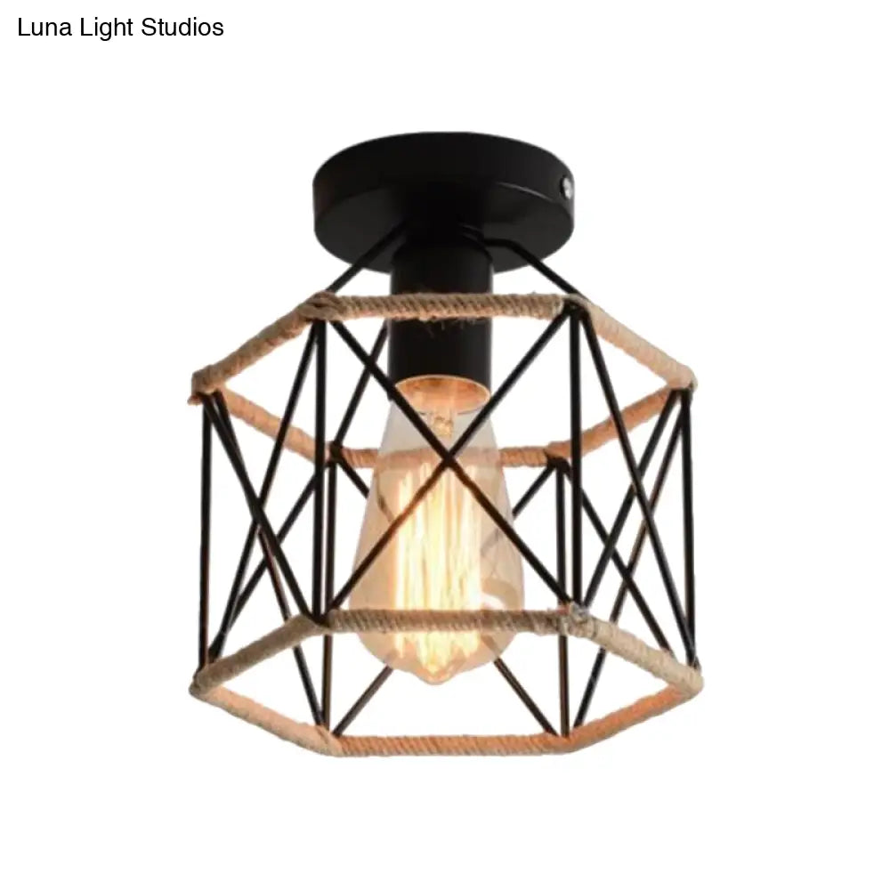 Lodge Style Metal And Rope Semi Flush Mount Ceiling Light With Black Finish - Ideal For Hallway