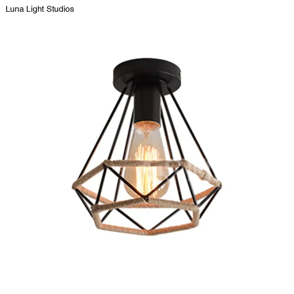 Lodge Style Metal And Rope Semi Flush Mount Ceiling Light With Black Finish - Ideal For Hallway