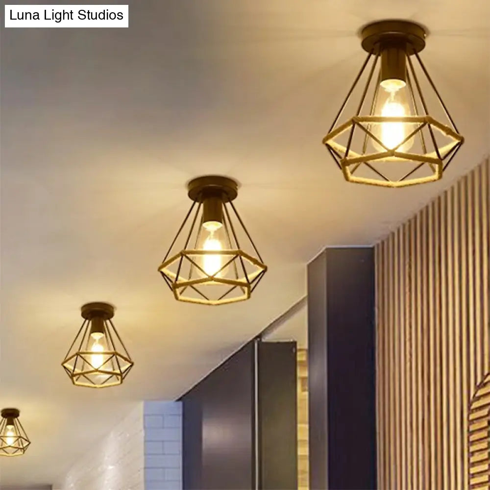 Lodge Style Metal And Rope Semi Flush Mount Ceiling Light With Black Finish - Ideal For Hallway