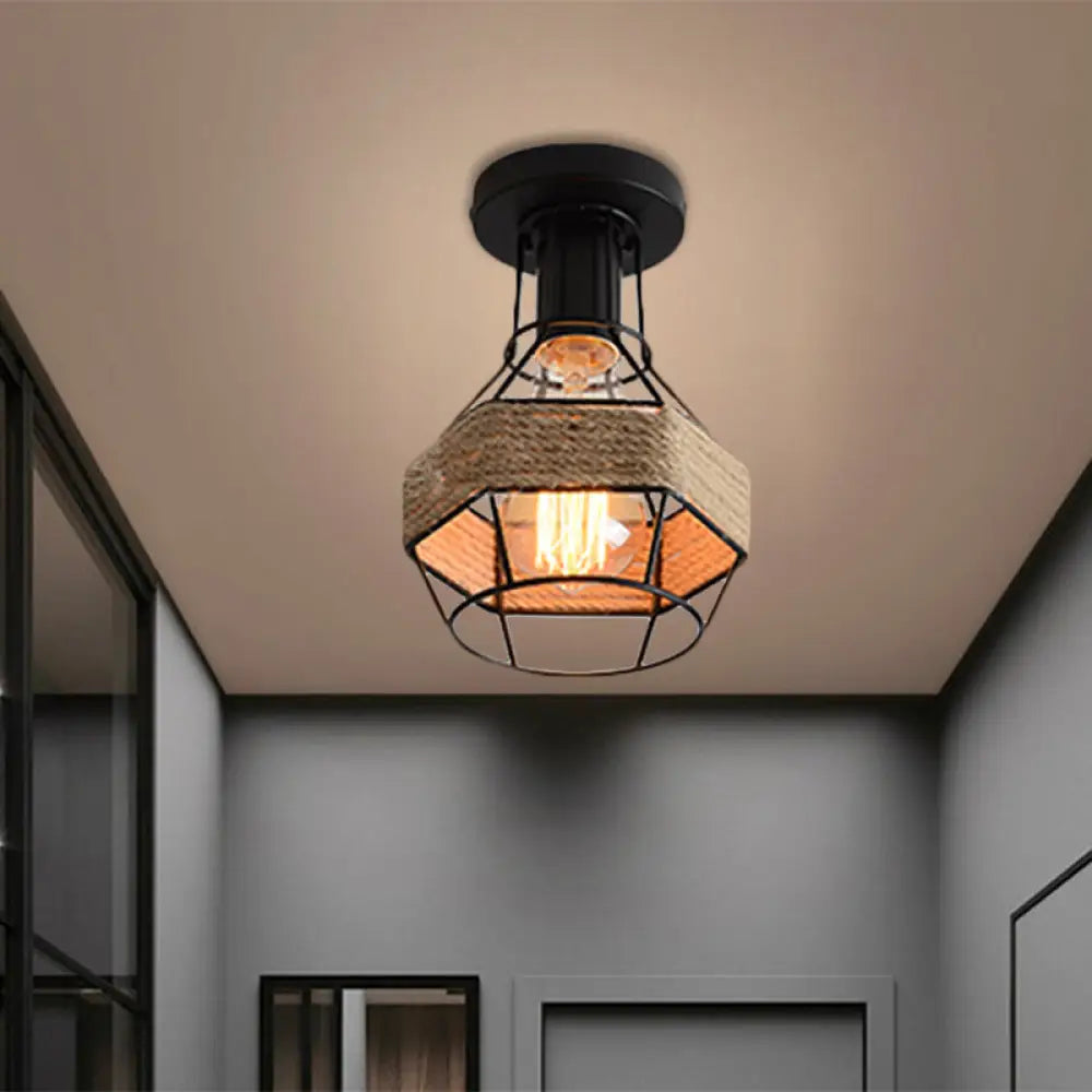 Lodge Style Metal And Rope Semi Flush Mount Ceiling Light With Black Finish - Ideal For Hallway /