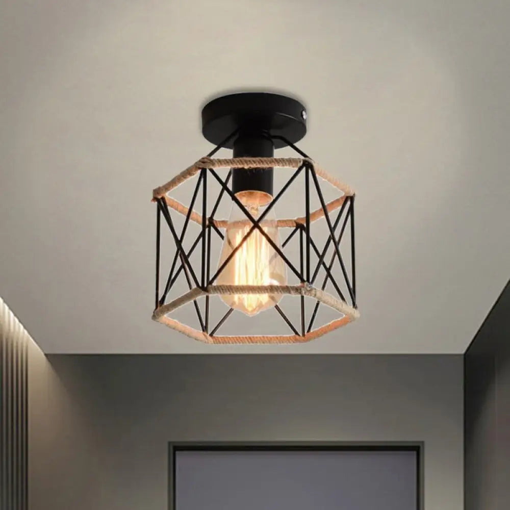 Lodge Style Metal And Rope Semi Flush Mount Ceiling Light With Black Finish - Ideal For Hallway /