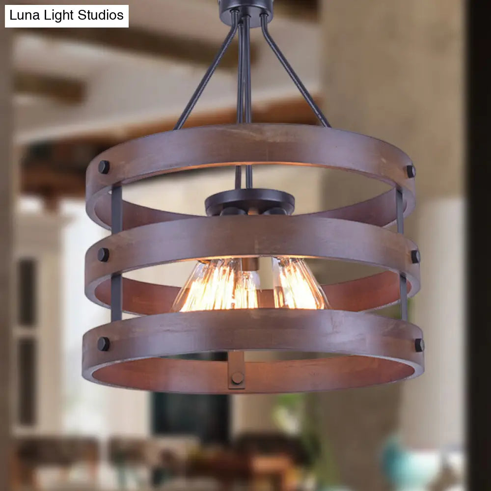 Metal And Wood Lodge Style Pendant Lamp With Adjustable Chain - 1-Light Brown Hanging Light