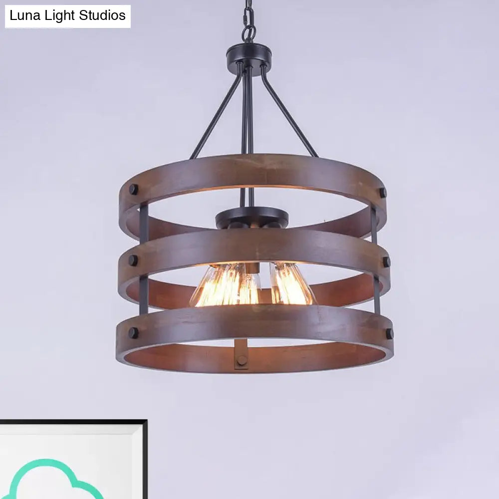 Lodge Style Metal And Wood Cylinder Cage Pendant Lamp - 1 Light Brown Hanging With Adjustable Chain