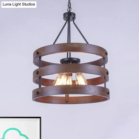 Lodge Style Metal And Wood Cylinder Cage Pendant Lamp - 1 Light Brown Hanging With Adjustable Chain