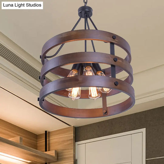 Lodge Style Metal And Wood Cylinder Cage Pendant Lamp - 1 Light Brown Hanging With Adjustable Chain