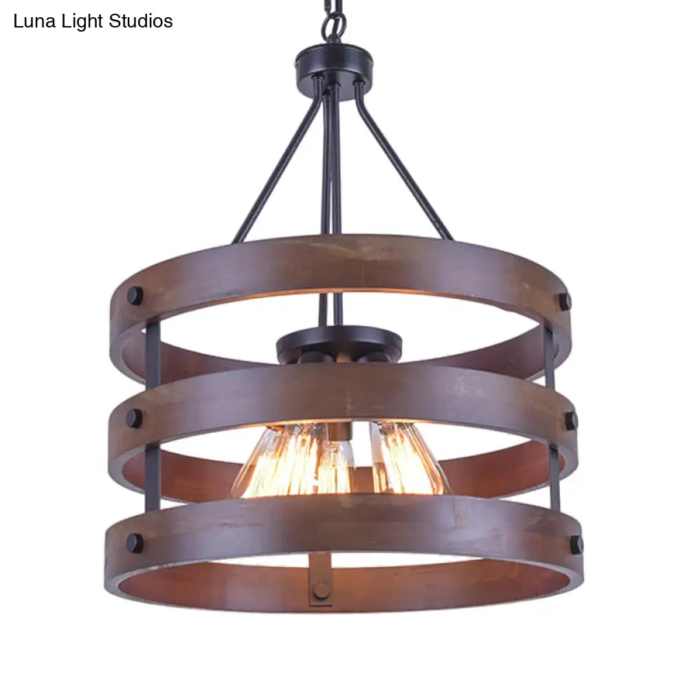 Lodge Style Metal And Wood Cylinder Cage Pendant Lamp - 1 Light Brown Hanging With Adjustable Chain