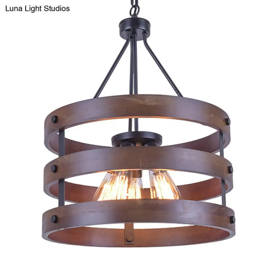 Lodge Style Metal And Wood Cylinder Cage Pendant Lamp - 1 Light Brown Hanging With Adjustable Chain