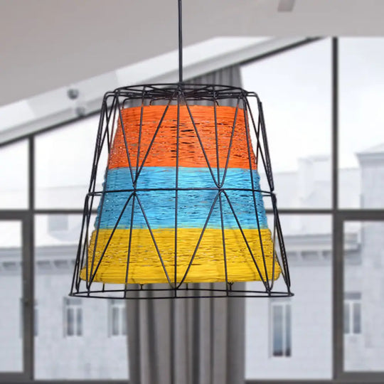 Lodge Style Metallic And Rope 1-Light Bucket Pendant Lamp - White/Blue/Orange/Yellow