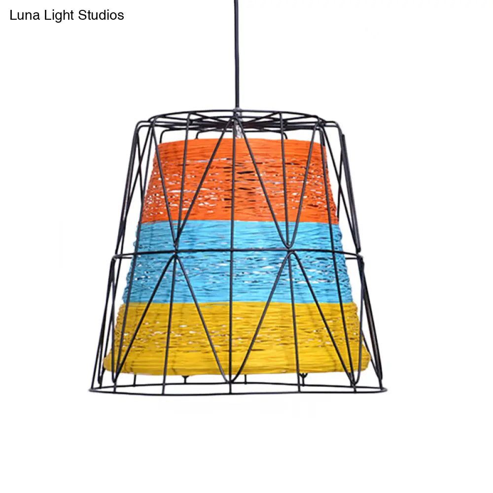 Rustic Lodge Style Ceiling Light: Bucket Pendant Lamp Metallic & Rope 1 Light