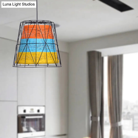 Lodge Style Metallic And Rope 1-Light Bucket Pendant Lamp - White/Blue/Orange/Yellow