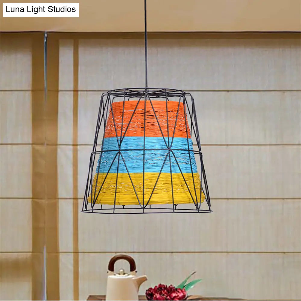 Lodge Style Metallic And Rope 1-Light Bucket Pendant Lamp - White/Blue/Orange/Yellow