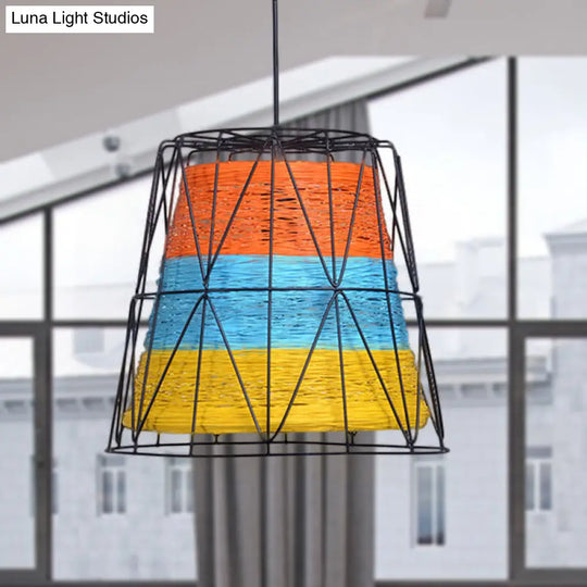 Rustic Lodge Style Ceiling Light: Bucket Pendant Lamp Metallic & Rope 1 Light