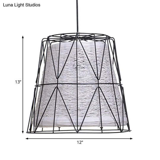 Rustic Lodge Style Ceiling Light: Bucket Pendant Lamp Metallic & Rope 1 Light